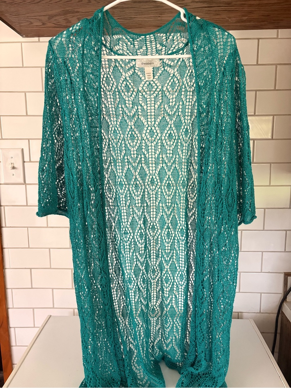 dressbarn Teal Crochet Openwork Cardigan